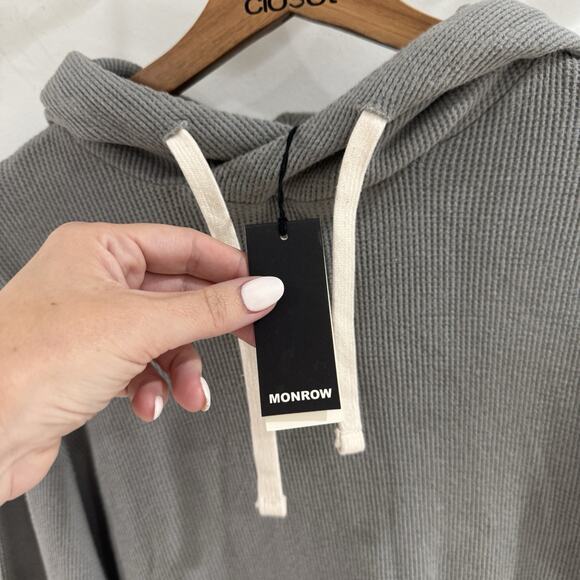 Monrow New Gray Waffle Knit Hooded Sweater Small New Leather 525 - Picture 2 of 3